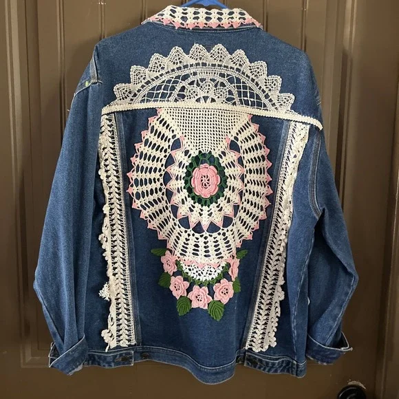 Reworked Upcycled Women's Denim Jacket Boho Bohemian Casual Size XXL Plus Size - Picture 10 of 10